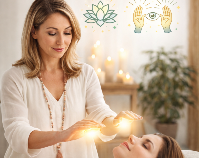 energetische Heilung Frau gibt eine energetische Behandlung mit leuchtenden Händen an eine liegende Patientin.