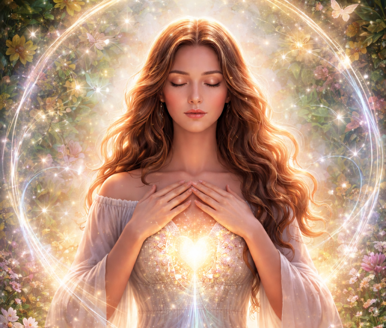 Seminartag "Selbstheilung" Eine junge Frau mit langen, gewellten Haaren, umgeben von einem leuchtenden, magischen Licht.