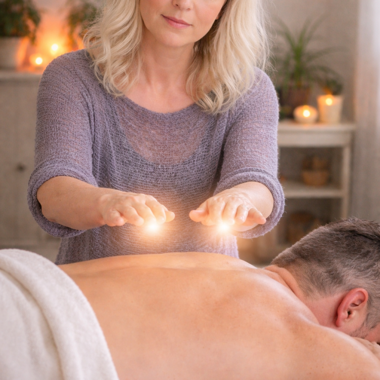 energetische Reinigung und Masssage Frau mit blonden Haaren führt eine energetische Heilbehandlung auf dem Rücken eines Mannes durch.