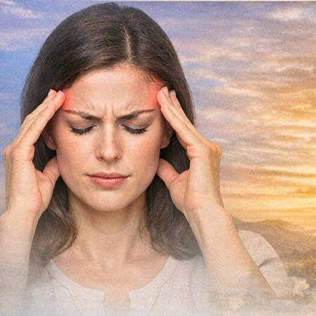 Migräne Leuchtende digitale Darstellung eines menschlichen Gehirns vor blauem glitzernden Hintergrund.