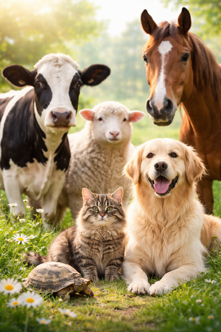Heilung für Tiere Eine Gruppe aus Kuh, Schaf, Pferd, Katze, Hund und Schildkröte im Grünen.
