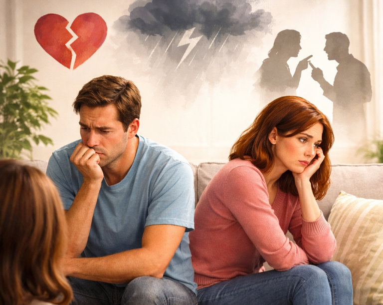 Partnerschaftsberatung Ein trauriges Paar sitzt getrennt auf einer Couch, umgeben von Symbolen für Streit und Herzschmerz.
