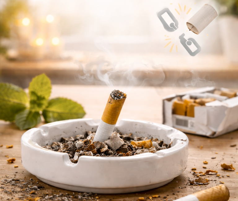 Suchtauflösung Rauchen Zigarettenstummel in einem Aschenbecher, umgeben von Zigarettenpackungen