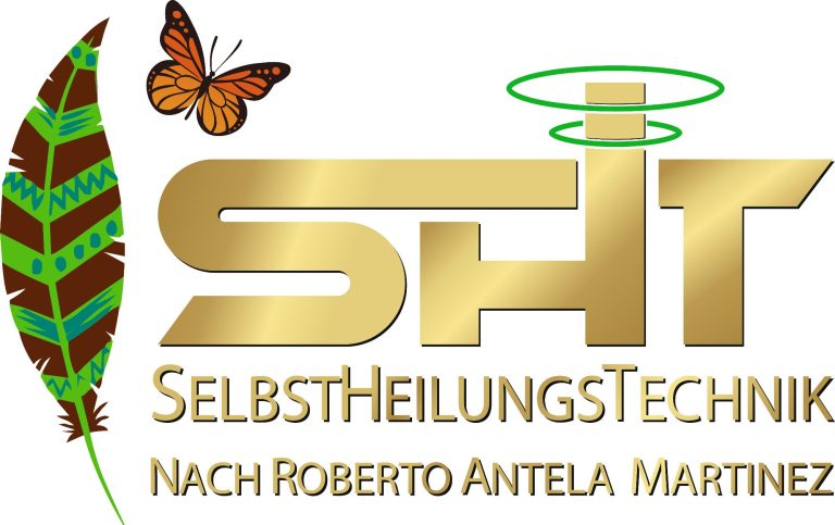 SHT Logo Goldenes Logo mit Text "Selbstheilungstechnik" und dekorativen Elementen wie einer Feder und Schmetterling.
