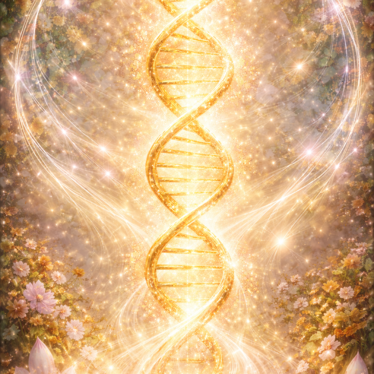 Selbstheilung Goldene DNA-Doppelhelix vor einem mystischen, gold glitzernden Hintergrund.