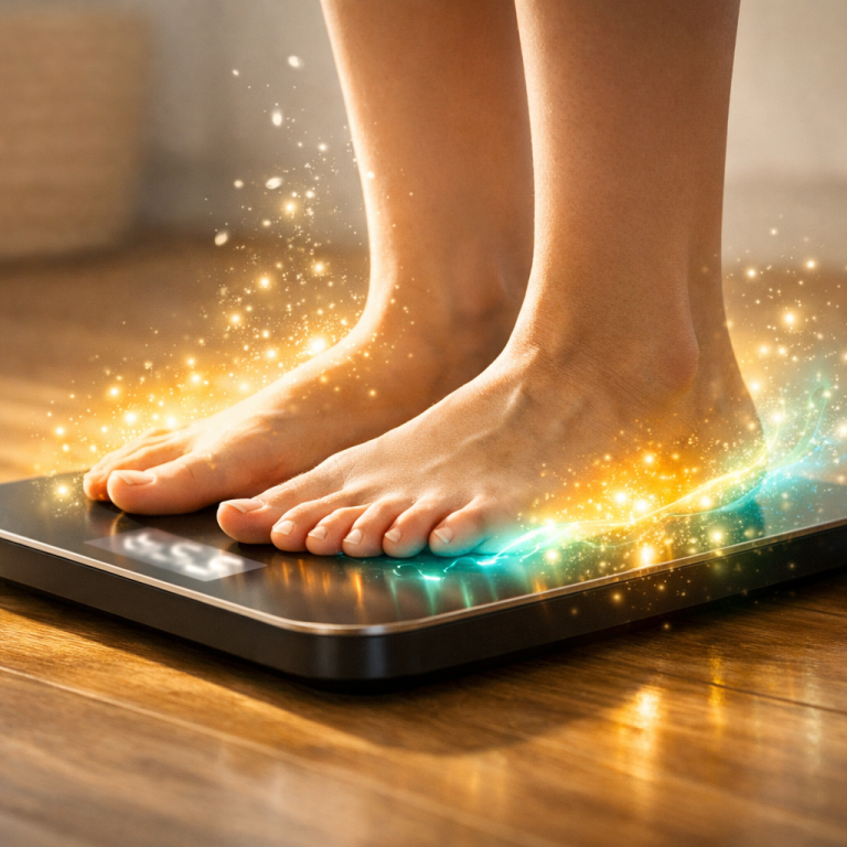 Workshop "Abnehmen" Füße auf einer digitalen Waage in einem hellen Raum.