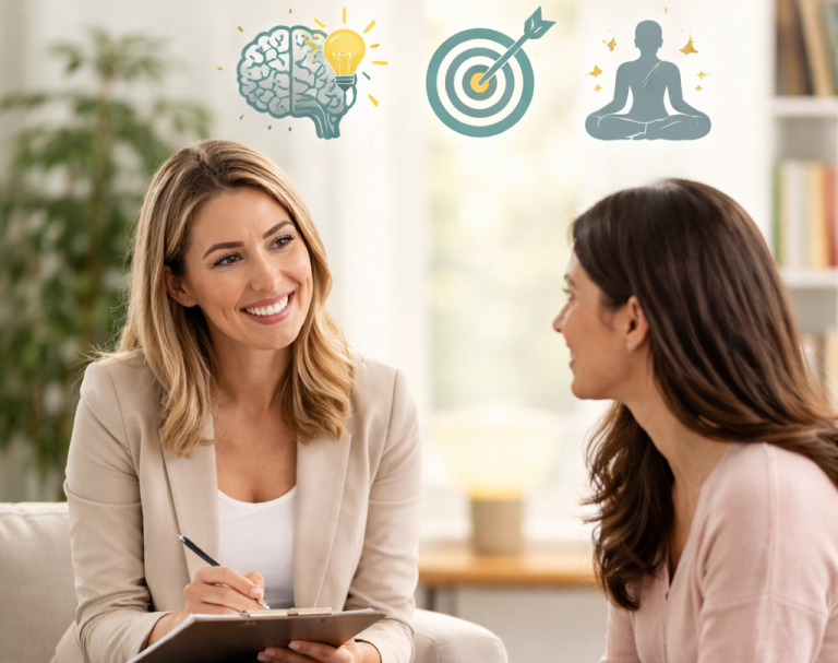 Mentalcoaching Zwei Frauen im Gespräch mit Symbolen für Gedanken, Ziel und Meditation.