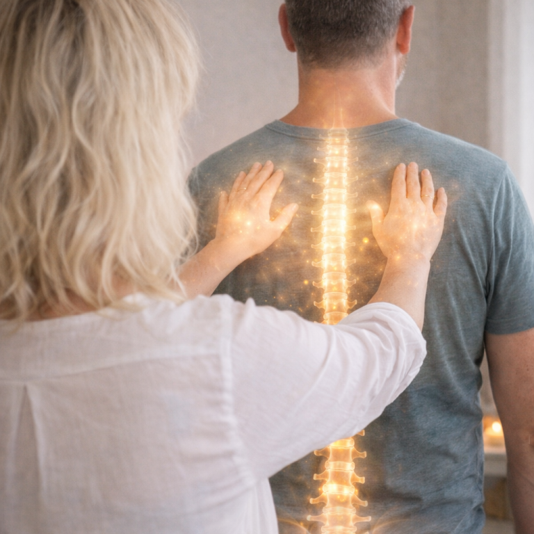 energetische Wirbelsäulenaufrichtung stehende Person von hinten mit leuchtender Wirbelsäule, während eine andere Person die Hände auf den Rücken legt.