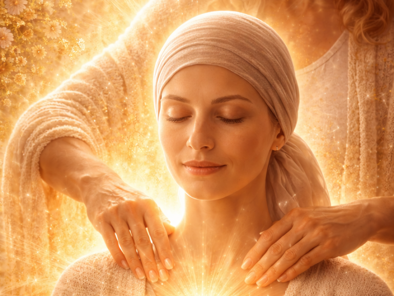 Krebs- und Chemobegleitung Eine Frau mit Kopfbedeckung erhält eine energetisierende Behandlung.