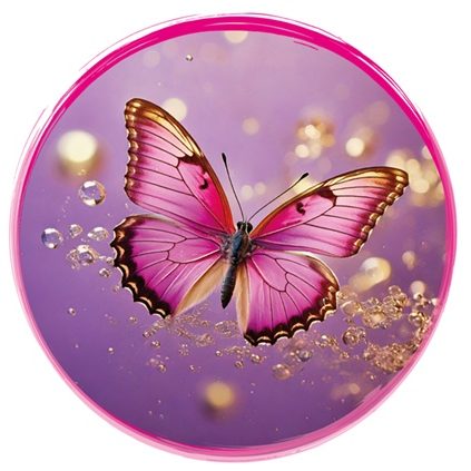 Shanti & more Logo Ein rosa Schmetterling auf lila Hintergrund mit goldenen Blasen.