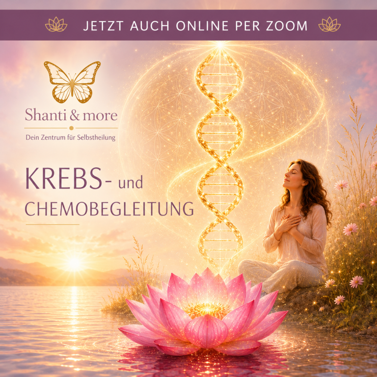 Krebs- und Chemobegleitung Eine rosa Lotusblüte aus der goldene DNA emporsteigt. Eine Frau sitzt entspannt am Rand