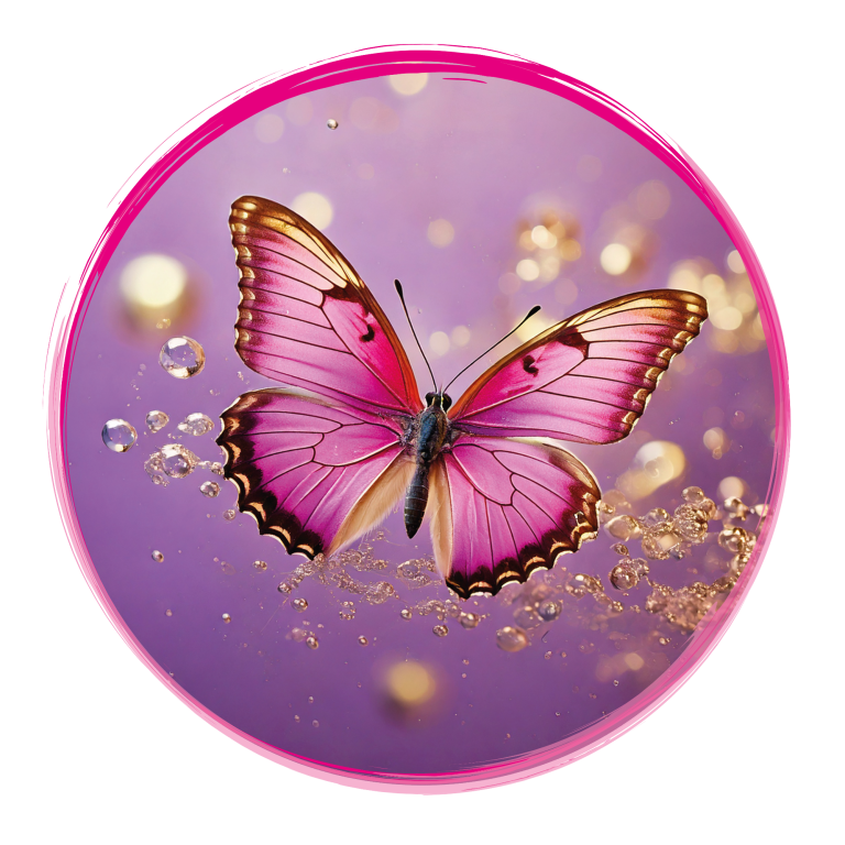 Shanti & more Logo Schmetterling in Pinktönen vor lila Hintergrund mit goldenen Glitzerelementen.