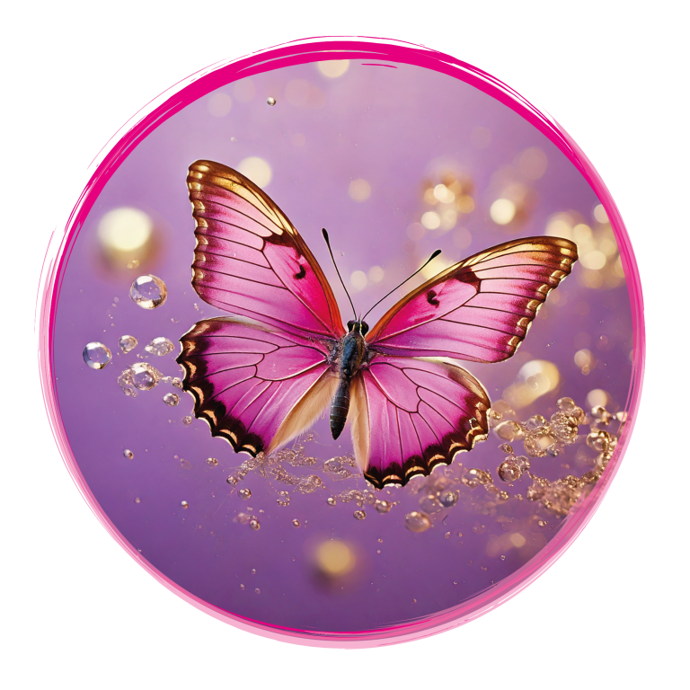 Shanti & more Logo Schmetterling in Pinktönen vor lila Hintergrund mit goldenen Glitzerelementen.