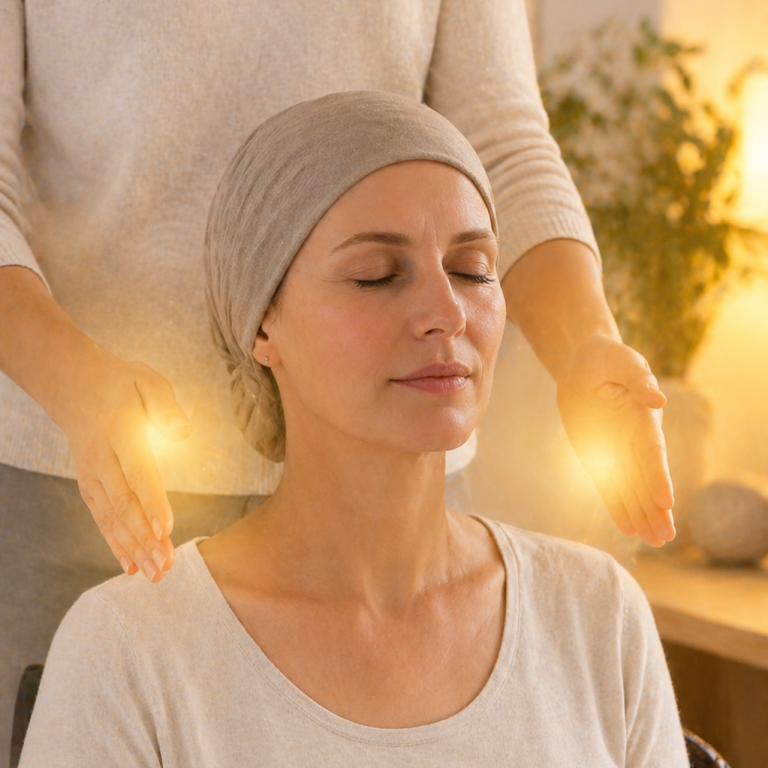 Krebs- und Chemobegleitung Eine Frau erhält eine energetische Behandlung, während sie entspannt mit geschlossenen Augen sitzt.
