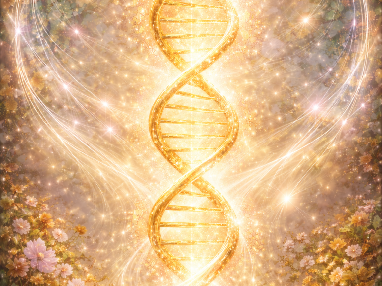 Workshop Selbstheilung Goldene DNA-Spirale vor einem strahlenden, leuchtenden Hintergrund mit Blumen.