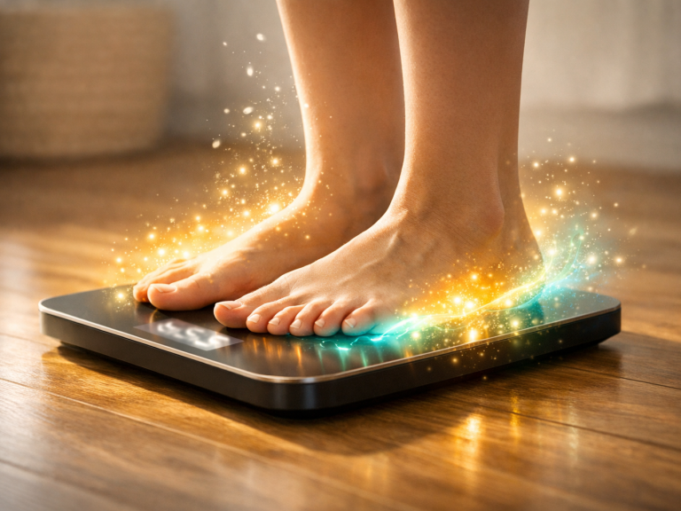 Workshop Abnehmen Füße stehen auf einer Personenwaage, umgeben von glitzernden Lichtern und Funken.