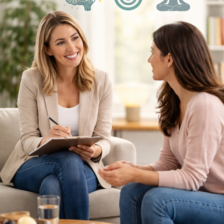 Einzelcoaching Zwei Frauen führen ein Gespräch in einem hellen, modernen Raum. Eine macht Notizen.