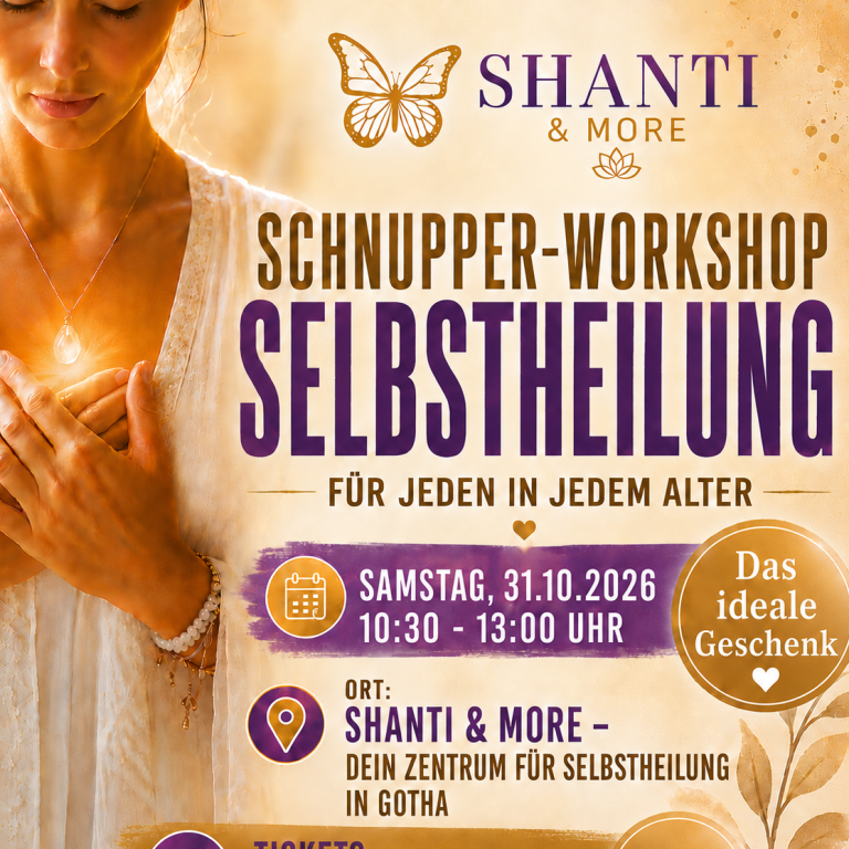 Schnupperworkshop Frau hält Hände vor der Brust, mit leuchtendem Schmuck, Werbung für Selbstheilungs-Workshop.